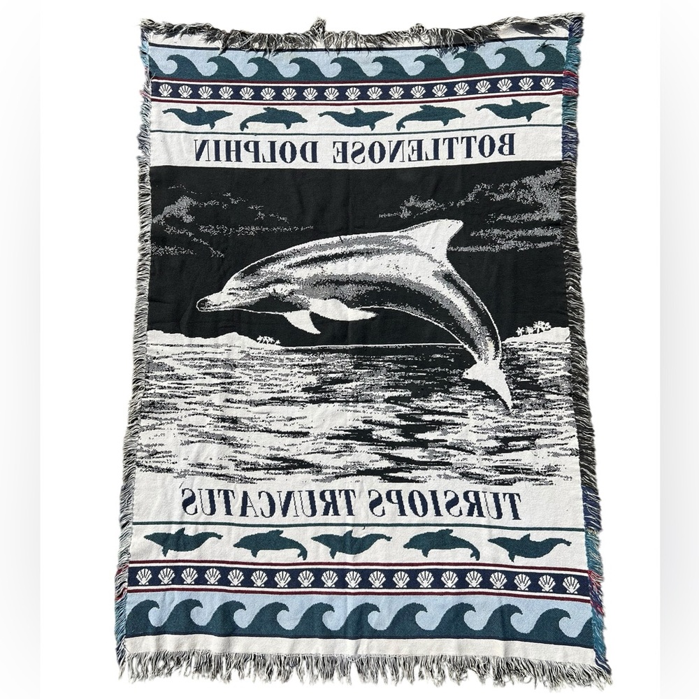 VTG BOTTLENOSE DOLPHIN Jacquard Woven Throw Blanket 62x43 Ocean Marine Life Gift - Picture 3 of 5